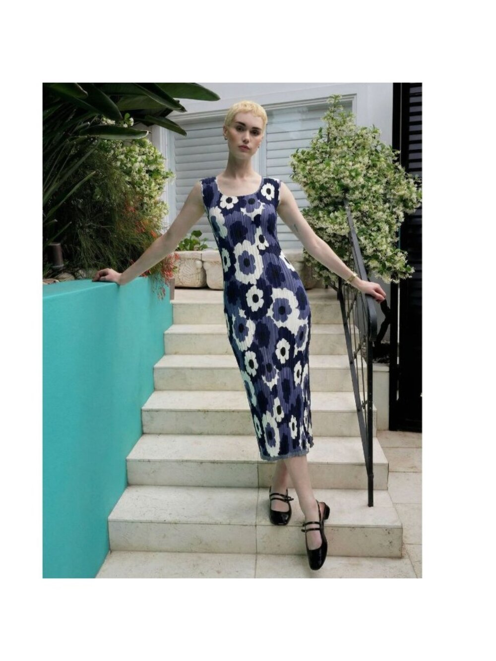 Alquema Lara Plisse Pleat Sleeveless Indigo Flower Spot Floral Midi Dress 1 M